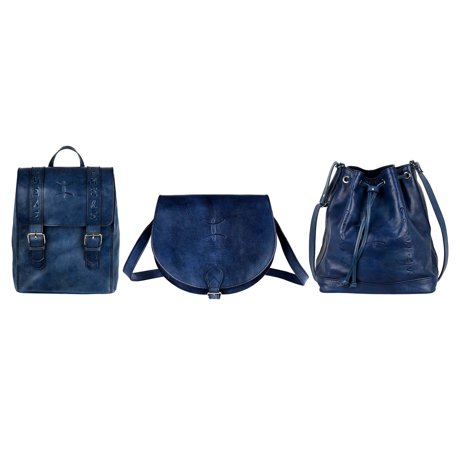 three salihi bags in indigo blue backpack shoulder bag bucketbag