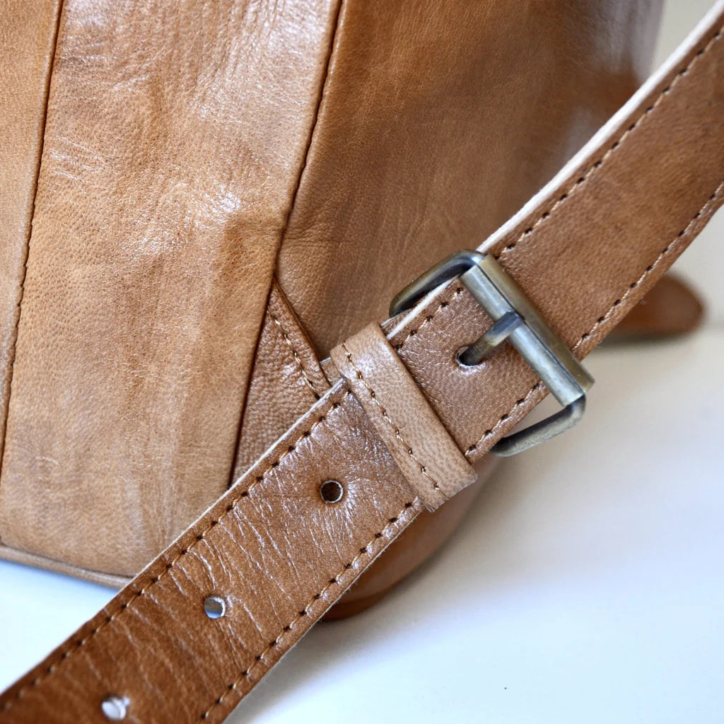 VIVIFY LEATHER HANDMADE BACKPACK &quot;FES&quot; FROM MOROCCO. Hand-stitched details: Hand-stitched accents, Detailed craftsmanship, Artful stitching, Personal touch, Handmade precision.