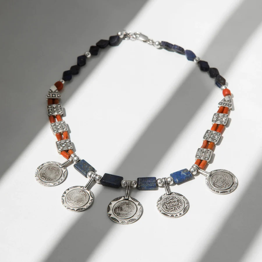Blue-Coral Coins Necklace: Amazigh spirit, Moroccan artistry, Handcrafted, Vibrant colors, Cultural fusion.
