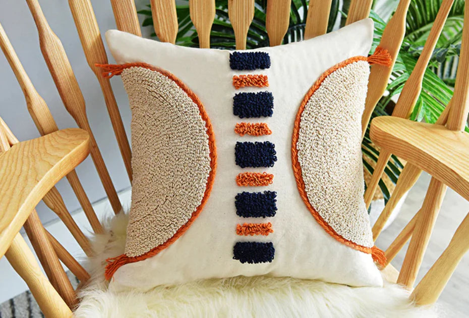 Vibrant color fusion: The Berber Handmade Orange &amp; Blue Pattern Pillow showcases a captivating fusion of vibrant orange and blue hues, creating a visually striking and energetic combination.