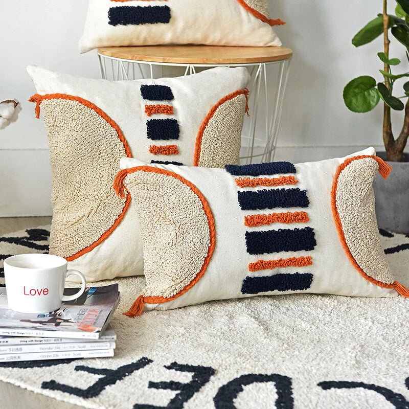 Berber Handmade Orange &amp; Blue Pattern Pillow: Vibrant color fusion, Traditional motifs, Authentic craftsmanship, Soft textile comfort, Cultural heritage, Eye-catching design, Artistic expression, Unique home accent, Cozy and stylish, Timeless beauty.