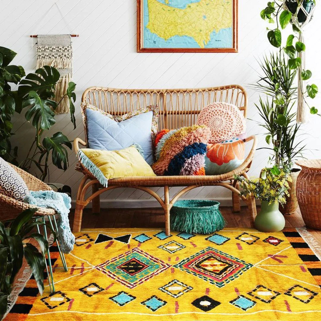 The Yellow Azilal Carpet: A captivating fusion of beautiful colors and ethnic patterns, designed to fulfill your interior desires.  Bohemian Elegance: Infuse a bohemian atmosphere into your space with the silky and folkloric Yellow Azilal Carpet, adorned with vibrant colors and Berber geometric motifs.